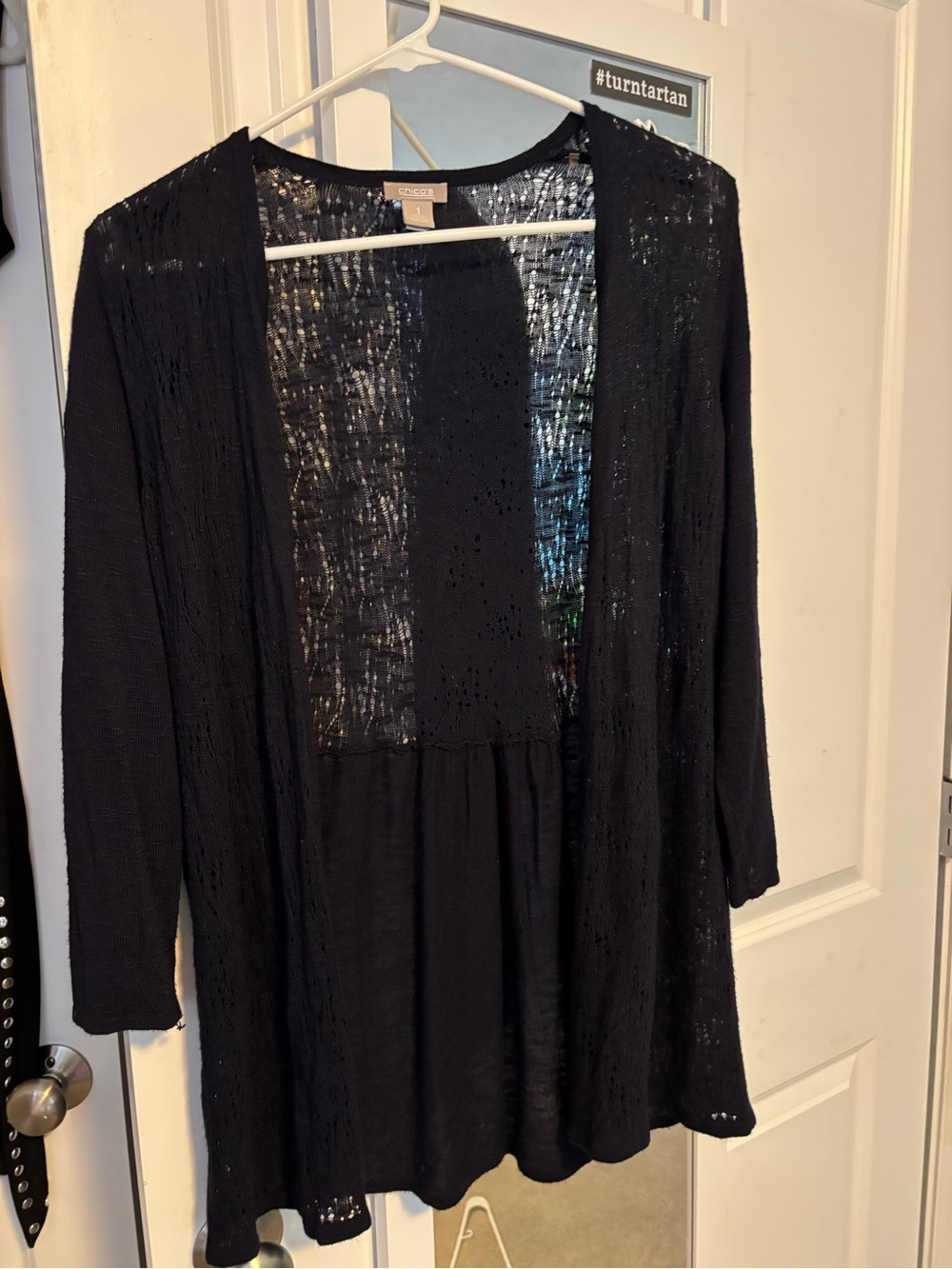 Chico’s Size 1 (Medium) Navy Blue Open-Front Lightweight Knit Cardigan